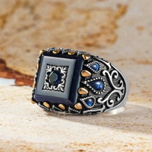 Takılingo 925 Ayar Gümüş Damla Kesim Usta Işi Mavi Zirkon Taşlı Erkek Yüzük