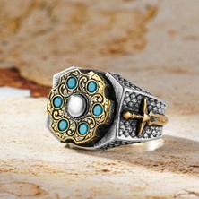 Takılingo 925 Ayar Gümüş Turkuaz Taşlı Stres Çarkı Kılıç Motifli Erkek Yüzük