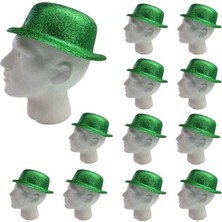 Pandoli Yeşil Renk Yuvarlak Plastik Parti Şapkası Simli Yetişkin 12 Adet