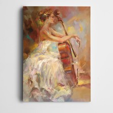 Dekolata Çello Çalan Beyazlı Kadın Kanvas Tablo