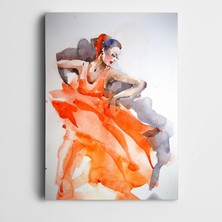Dekolata Dansçı Kadın Turuncu Elbise Suluboya Kanvas Tablo