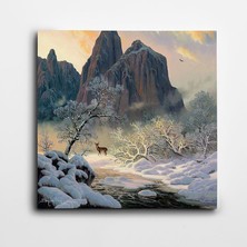 Dekolata Karlı Orman ve Geyik Kare Kanvas Tablo