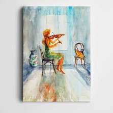 Dekolata Keman Çalan Kadın ve Kedi Kanvas Tablo