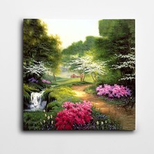 Dekolata Akarsu Çiçekler Ağaçlar Manzara Kare Kanvas Tablo