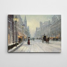 Dekolata Karlı Caddede At Arabası Yağlıboya Reprodüksiyon Kanvas Tablo