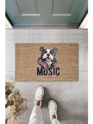 Dormot Home Dijital Baskı Kalitesi Kahverengi Music Yazılı Kulaklıklı Köpek Dekoratif Kapı Paspası