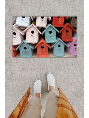 Dormot Home Dijital Baskı Dekoratif Kuş Evi Renkli Kapı Önü Paspası