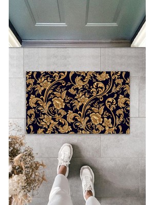 Dormot Home Çok Amaçlı Dekoratif Dijital Baskı Siyah-Gold Çiçek Dış Mekan Paspas