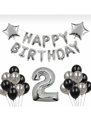 Çıtı Pıtı Store Gümüş 2 Yaş Happy Bırthday Folyo Balonlu Yıldızlı Set