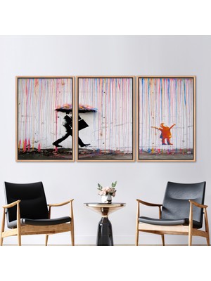 Kayra Export 3 Parçalı Naturel Çerçeveli Kanvas Tablo Graffiti Sanat Eseri Yağmur Baskılı