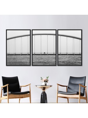 Kayra Export 3 Parçalı Siyah Çerçeveli Kanvas Tablo Köprü Bisiklet Kanvas Sanatı Deniz Duvar Süsü