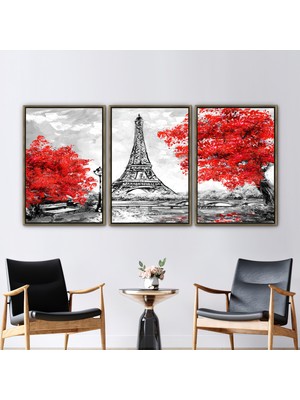 Kayra Export 3 Parçalı Gold Çerçeveli Kanvas Tablo Eyfel Kulesi Sanat Eseri Özet Hediye Kanvas
