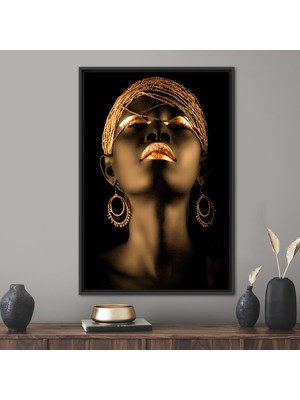 Kayra Export 1 Parça Siyah Çerçeveli Kanvas Tablo Siyah Kadın Kanvas Baskı Afrika Altın Dudak Kanvas