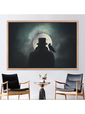 Kayra Export 1 Parça Naturel Çerçeveli Kanvas Tablo Dolunay Kanvas Poster Gece ve Insan Posteri