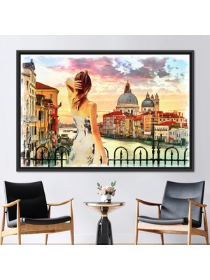 Kayra Export 1 Parça Siyah Çerçeveli Kanvas Tablo Büyük Kanal Manzarası Duvar Süsü Yağlı Boya Baskısı