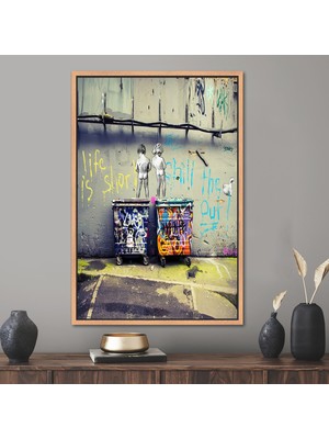 Kayra Export 1 Parça Naturel Çerçeveli Kanvas Tablo Banksy Hayat Duvar Süsü Banksy 3 Boyutlu Kanvas