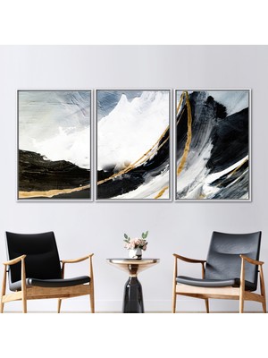 Kayra Export 3 Parçalı Beyaz Çerçeveli Kanvas Tablo Siyah ve Altın Boyama Siyah ve Altın Kanvas