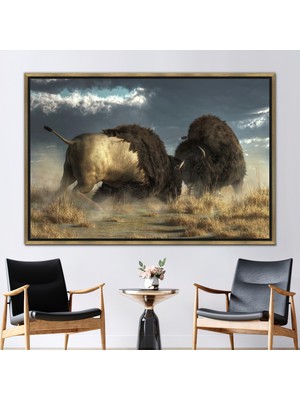 Kayra Export 1 Parça Gold Çerçeveli Kanvas Tablo Bizon Savaşı Kanvas Moda Kanvas Buffalo Sanat Eseri