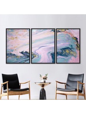 Kayra Export 3 Parçalı Siyah Çerçeveli Kanvas Tablo Altın Duvar Süsü Modern Duvar Süsü Gri Mermer Posteri