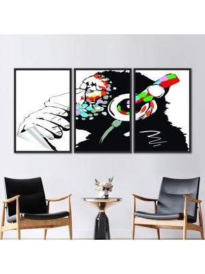 Kayra Export 3 Parçalı Siyah Çerçeveli Kanvas Tablo Banksy Thinkin Maymun Kanvas Dekor