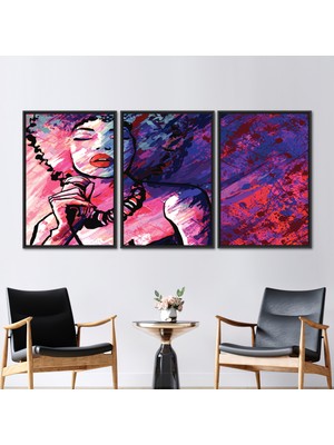 Kayra Export 3 Parçalı Siyah Çerçeveli Kanvas Tablo Kadın Şarkıcı Resim Soyut 3 Boyutlu Kanvas