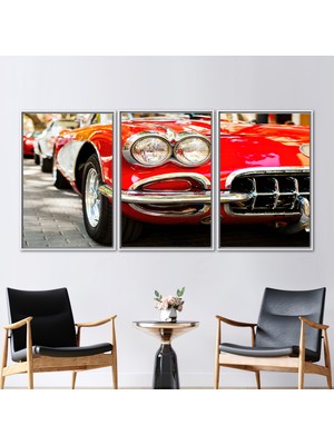 Kayra Export 3 Parçalı Beyaz Çerçeveli Kanvas Tablo Ofis Posteri Klasik Araba Sanat