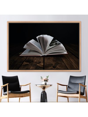 Kayra Export 1 Parça Naturel Çerçeveli Kanvas Tablo Kütüphane Kanvas Açık Kitap Kanvas