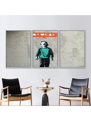 Kayra Export 3 Parçalı Beyaz Çerçeveli Kanvas Tablo Soyut Kanvas Dekor Çocuklar Banksy Duvar Süsü
