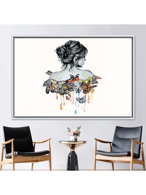Kayra Export 1 Parça Beyaz Çerçeveli Kanvas Tablo Kız ve Kelebekler Çizimi Kız Kanvas Dekor