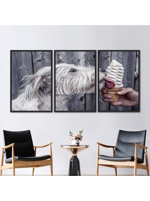 Kayra Export 3 Parçalı Siyah Çerçeveli Kanvas Tablo Sevimli Köpek Duvar Dekoru Hayvan Baskılı