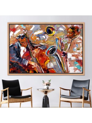 Kayra Export 1 Parça Naturel Çerçeveli Kanvas Tablo Müzisyenler Kanvas Caz Duvar Süsü Yağlı Boya Baskısı
