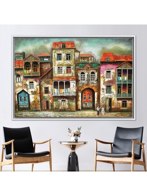 Kayra Export 1 Parça Beyaz Çerçeveli Kanvas Tablo Vintage Şehir Kanvas Old City Lansdscape Kanvas Sanatı