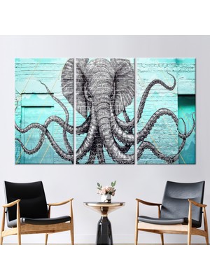 Kayra Export 3 Parçalı Kanvas Tablo Ahtapot ve Fil Kanvas Soyut Grafiti Hediye Kanvas