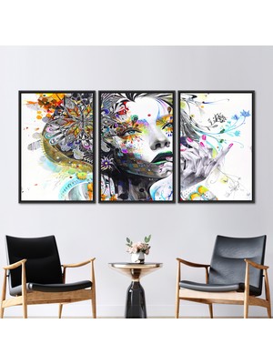Kayra Export 3 Parçalı Siyah Çerçeveli Kanvas Tablo Kadın Kanvas Soyut Kanvas Kadın Portre Kanvas