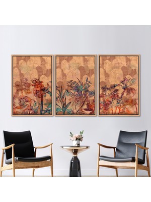 Kayra Export 3 Parçalı Naturel Çerçeveli Kanvas Tablo Botanik Resim Çiçek Kanvas Modern Çiçek 3 Boyutlu Kanvas
