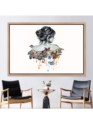 Kayra Export 1 Parça Naturel Çerçeveli Kanvas Tablo Kız ve Kelebekler Çizimi Kelebek Kanvas Sanatı