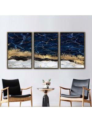Kayra Export 3 Parçalı Gold Çerçeveli Kanvas Tablo Modern Kanvas Soyut Kanvas Poster Mermer Duvar Dekoru