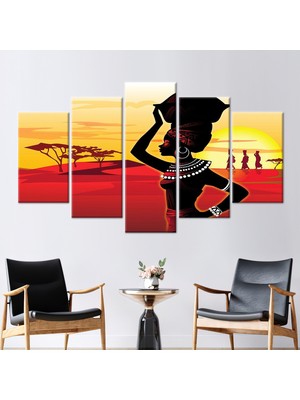 Kayra Export 5 Parçalı Mix Kanvas Tablo Afrikalı Kadın Kanvas Sanatı Etnik Sanat Gün Batımı Kanvas