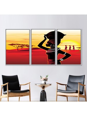 Kayra Export 3 Parçalı Beyaz Çerçeveli Kanvas Tablo Kadın Hediye Kanvas Afrikalı Kadın Kanvas Baskı