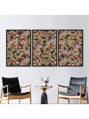 Kayra Export 3 Parçalı Siyah Çerçeveli Kanvas Tablo Botanik Bitkiler Duvar Sanatı Modern Çiçek Sanat Eseri