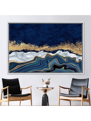 Kayra Export 1 Parça Beyaz Çerçeveli Kanvas Tablo Mavi Altın Mermer Tuval Soyut Mermer Baskılı