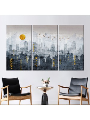 Kayra Export 3 Parçalı Kanvas Tablo Şehir Kanvas Altın Güneş 3 Boyutlu Kanvas Ofis Duvar Dekoru