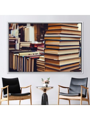 Kayra Export 1 Parça Beyaz Çerçeveli Kanvas Tablo Kütüphane Kanvas Dekor Soyut Kanvas