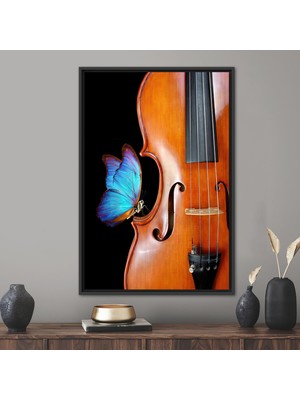 Kayra Export 1 Parça Siyah Çerçeveli Kanvas Tablo Müzik Odası Posteri Keman ve Kelebek 3 Boyutlu Kanvas