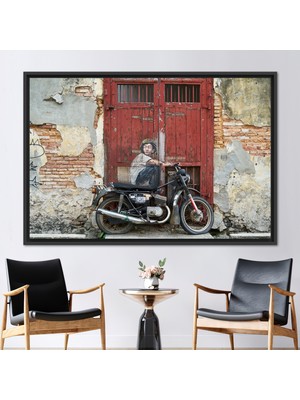 Kayra Export 1 Parça Siyah Çerçeveli Kanvas Tablo Penang Hediye Kanvas Bisiklette Çocuklar Duvar Dekoru