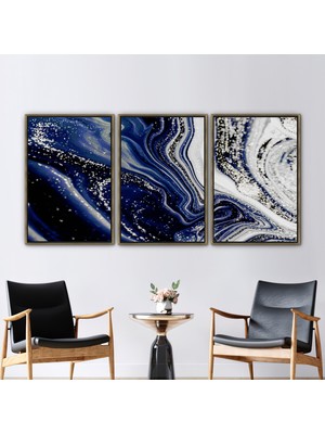 Kayra Export 3 Parçalı Gold Çerçeveli Kanvas Tablo Mavi Mermer Hediye Kanvas Lacivert Mermer Sanat