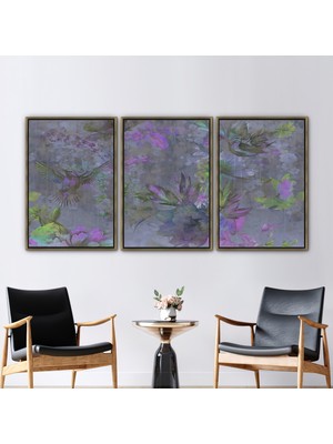 Kayra Export 3 Parçalı Gold Çerçeveli Kanvas Tablo Çiçekler ve Kuşlar Resim Çiçek Kanvas Dekor