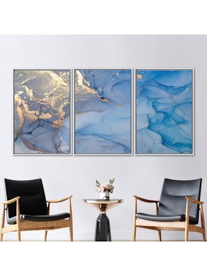Kayra Export 3 Parçalı Beyaz Çerçeveli Kanvas Tablo Işıltılı Kanvas Baskı Mavi ve Altın Mermer Hediye Kanvas