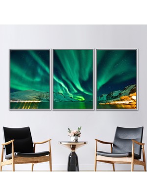 Kayra Export 3 Parçalı Beyaz Çerçeveli Kanvas Tablo Aurora Manzarası Nothern Lights Kanvas Poster