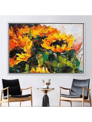 Kayra Export 1 Parça Beyaz Çerçeveli Kanvas Tablo Ayçiçeği Boyama Buketi Soyut Ayçiçeği Kanvas